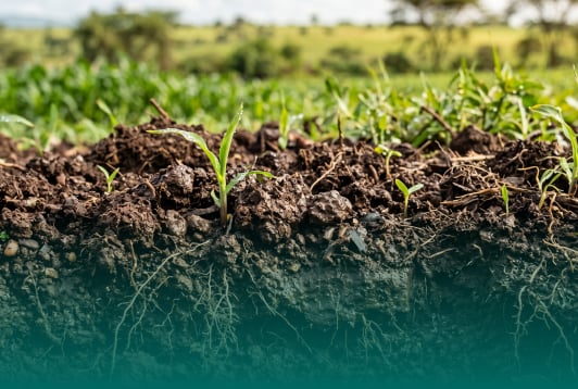 Seedlings and roots growing in restored fertile soil